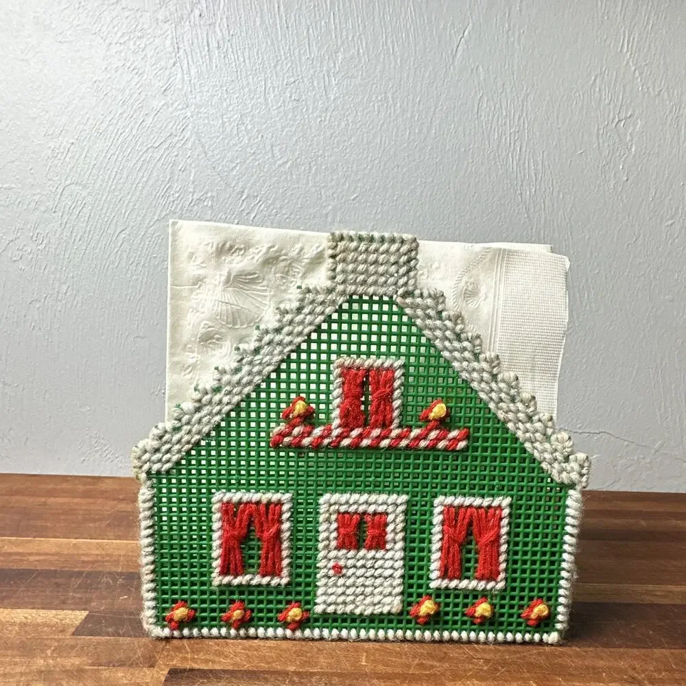 Christmas Napkin Holder, Handmade Needlepoint & Plastic,Green Red & White